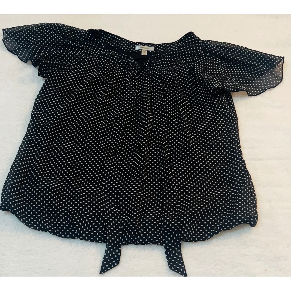 Dressbarn Women 1X Black White Polka Dot Tie Front Chiffon Blouse Flutter Sleeve